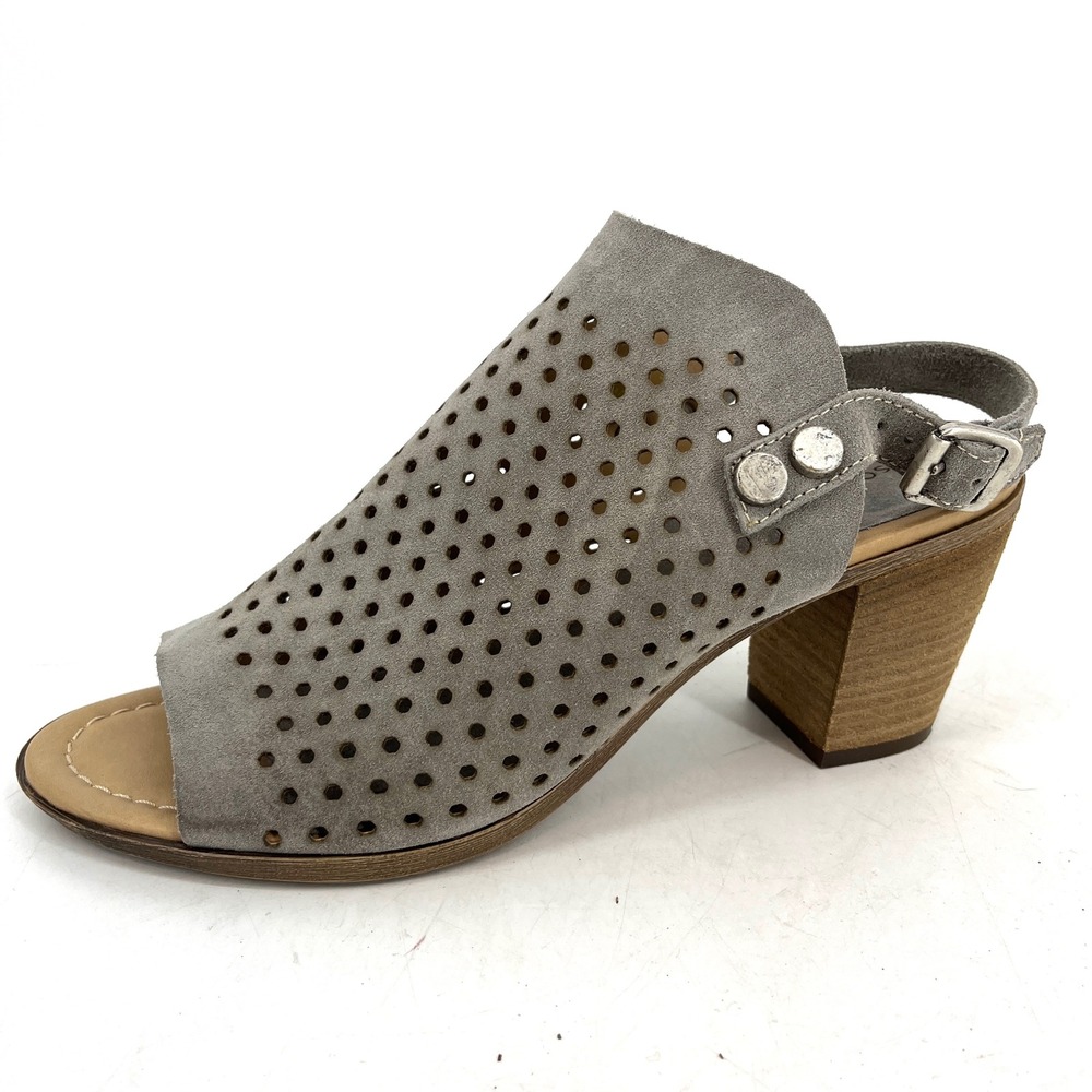 Sophia Milano Grey Suede Perforated Slingback Block Heel Sandals Shoes 9.5
